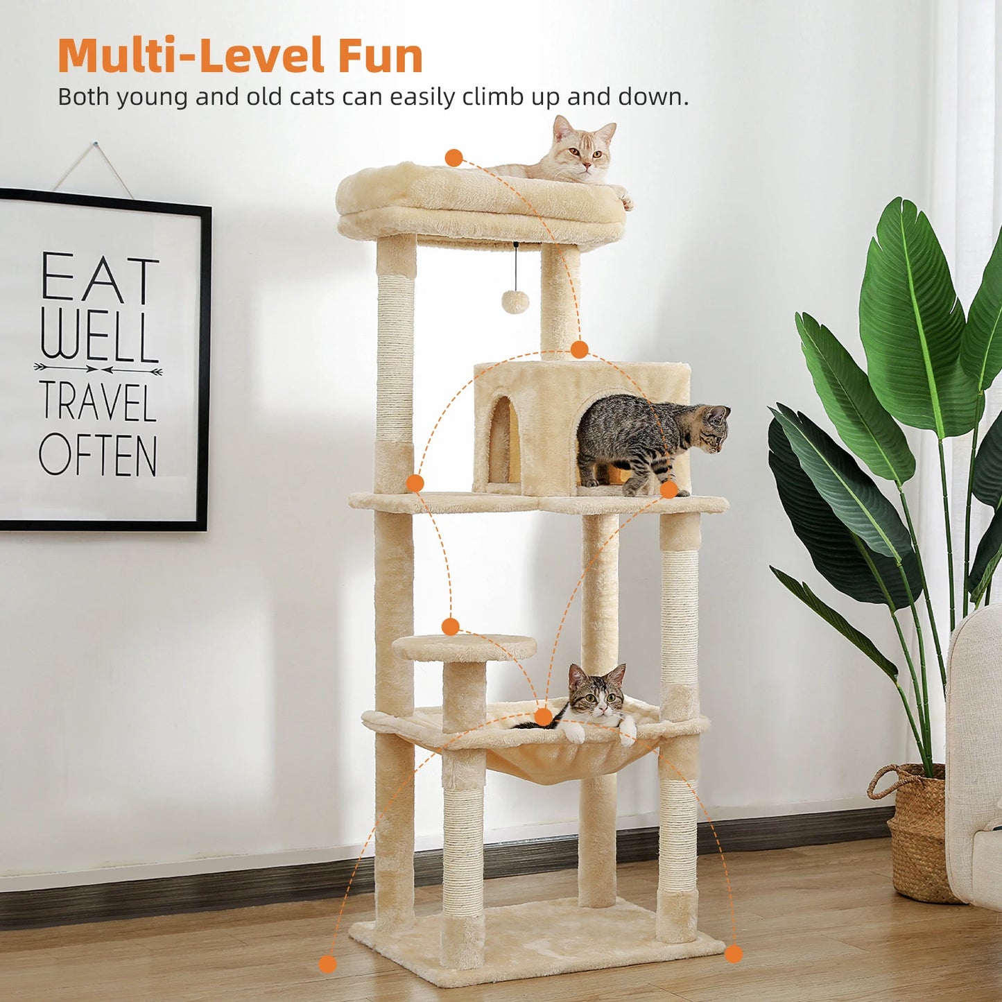 5-Level Cat Tree for Indoor Cats Cat Tower for Large Cats with Large Hammock Sisal Covered Scratching Posts Cozy Condo Top Perch