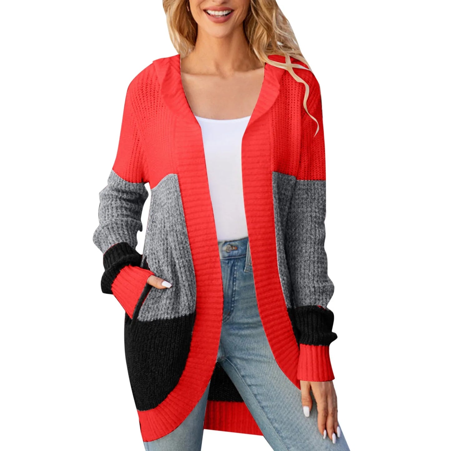 Mid Length Hooded Knitted Tops Cardigan Coat Autumn And Winter Color Contrast Sweaters Casual Outerwear Womens Clothing кардиган