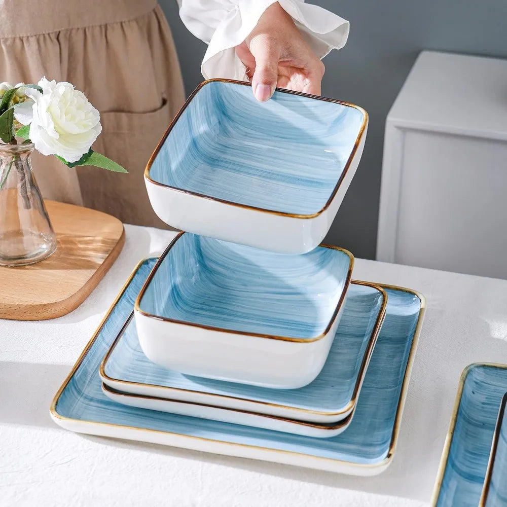 Kitchen Dishes 32 Pieces Square Light Blue Brushed Design Dish Service for 8 Dinner Plates Set Food Plate Complete Tableware Bar