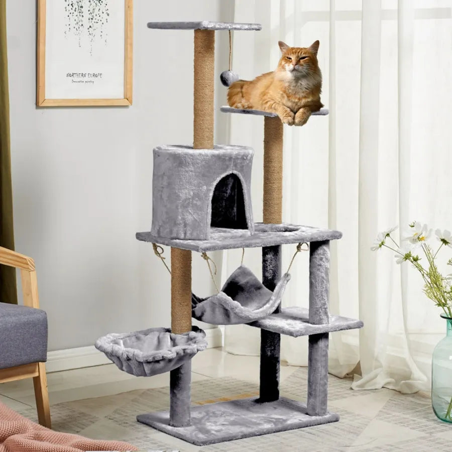 Multi-layer Cat Tree House With Swing Hammock Cat Climbing Tower Sisal Rope Cat Scratching Posts Cover Plush Cloth Cat Condos