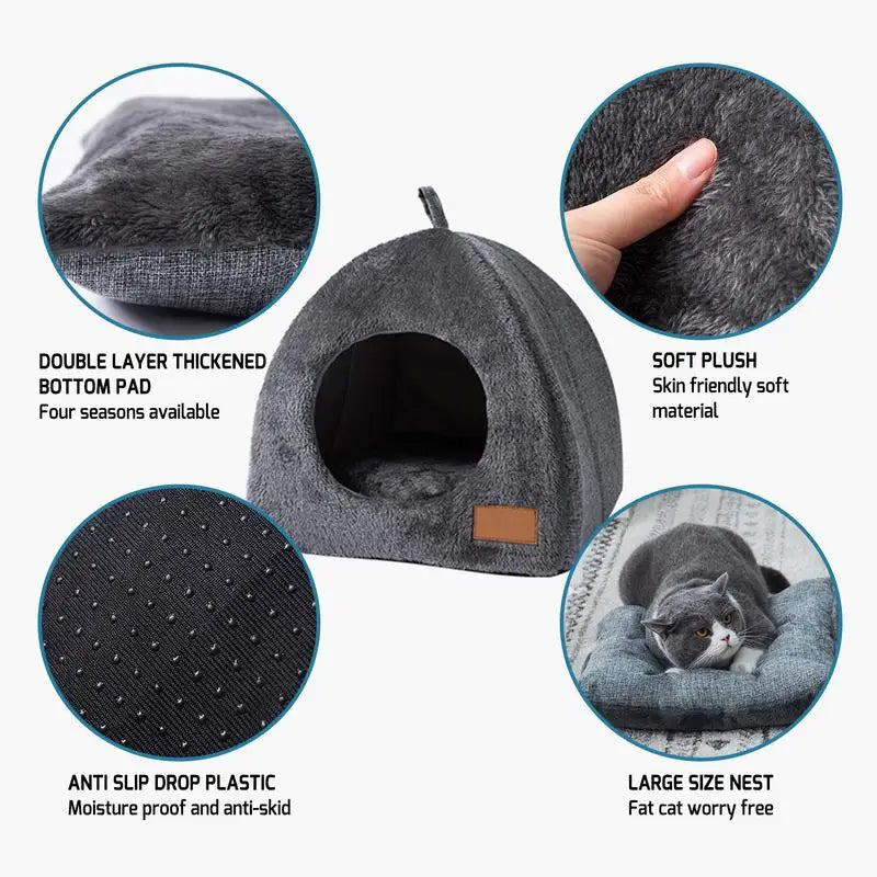 Plush Foldable Dog Cat Bed Non-slip Pet Kennel Gray Kitten House Indoor Semi-enclosed Sleeping Cats Cave Bed for Small Dogs Tent