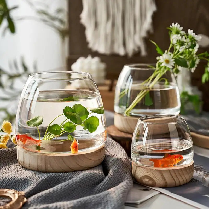 Wooden Transparent Glass Vases Creative Hydroponic Terrarium Plant Flower Pot Home Office Desktop Ecological Fish Tank Decorate