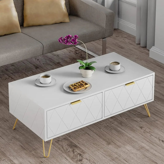 39.4''  White Coffee Table with Drawers，2 Storage Shelves,   with Gold Metal Handles for Living Room, Bedroom and Study