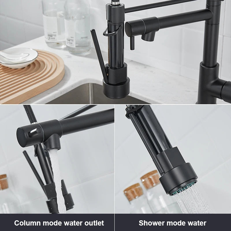 Black Kitchen Faucet Black and Rose Golden Spring Pull Down Kitchen Sink Faucet Hot & Cold Water Mixer Crane Tap with Dual Spout