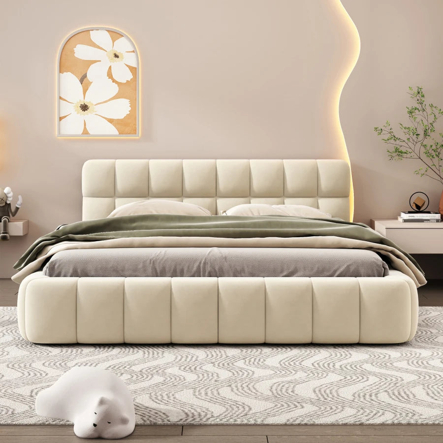 Queen Size Upholstered Platform Bed with Thick Fabric,Soft & Comfortable Grounded Bed with Solid Frame,Easy Assembly,for bedroom