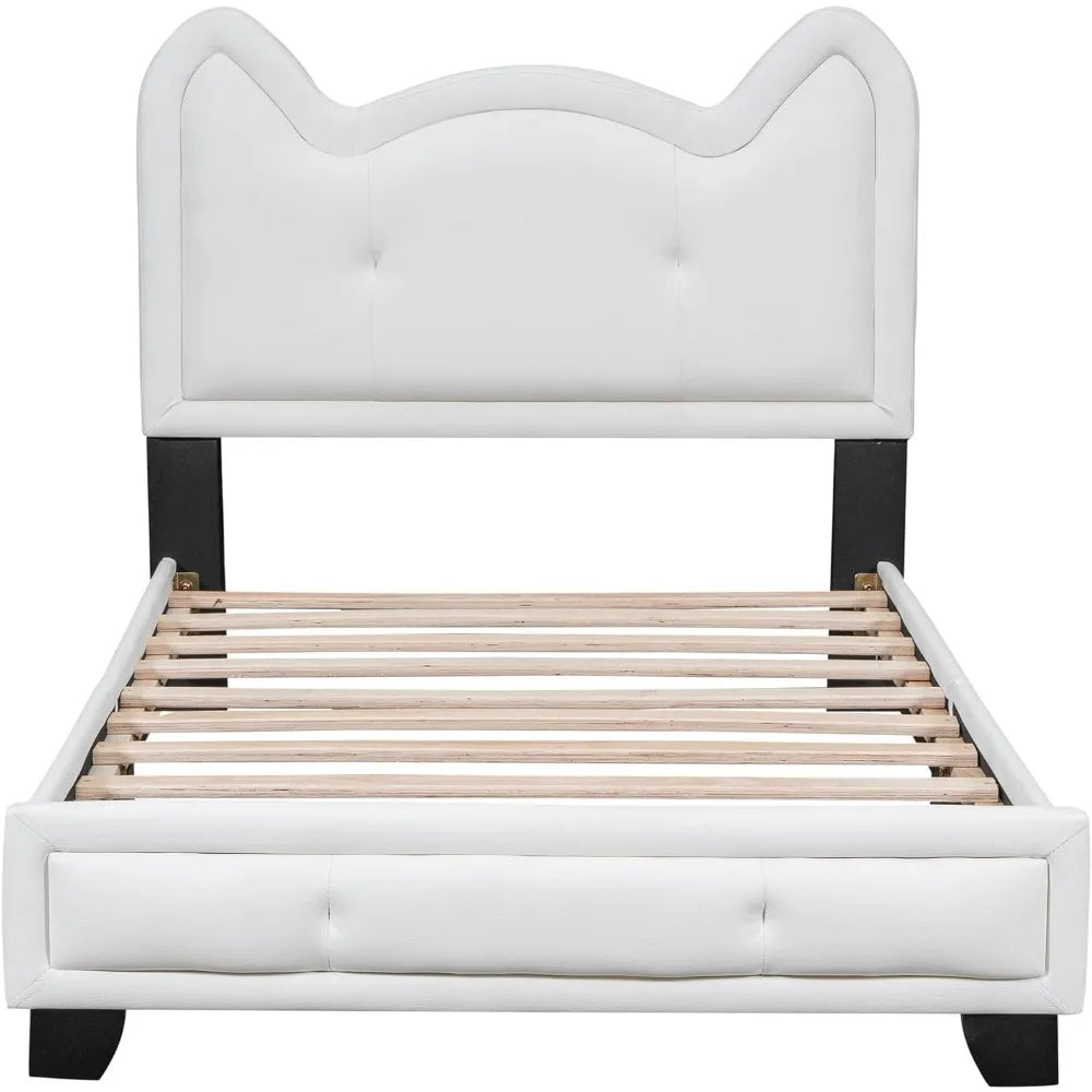 Bed frame, double size soft padded platform bed, with cardboard box ear shaped headboard, bedroom wooden platform bed frame