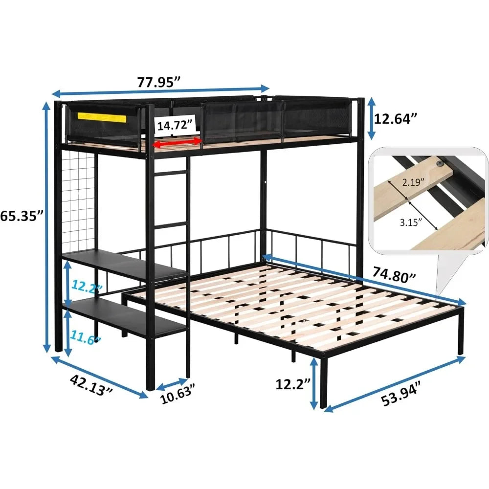 Children's bed, with frame and grid panel, L-shaped double decker bed, with full length guardrail and ladder, children's bed