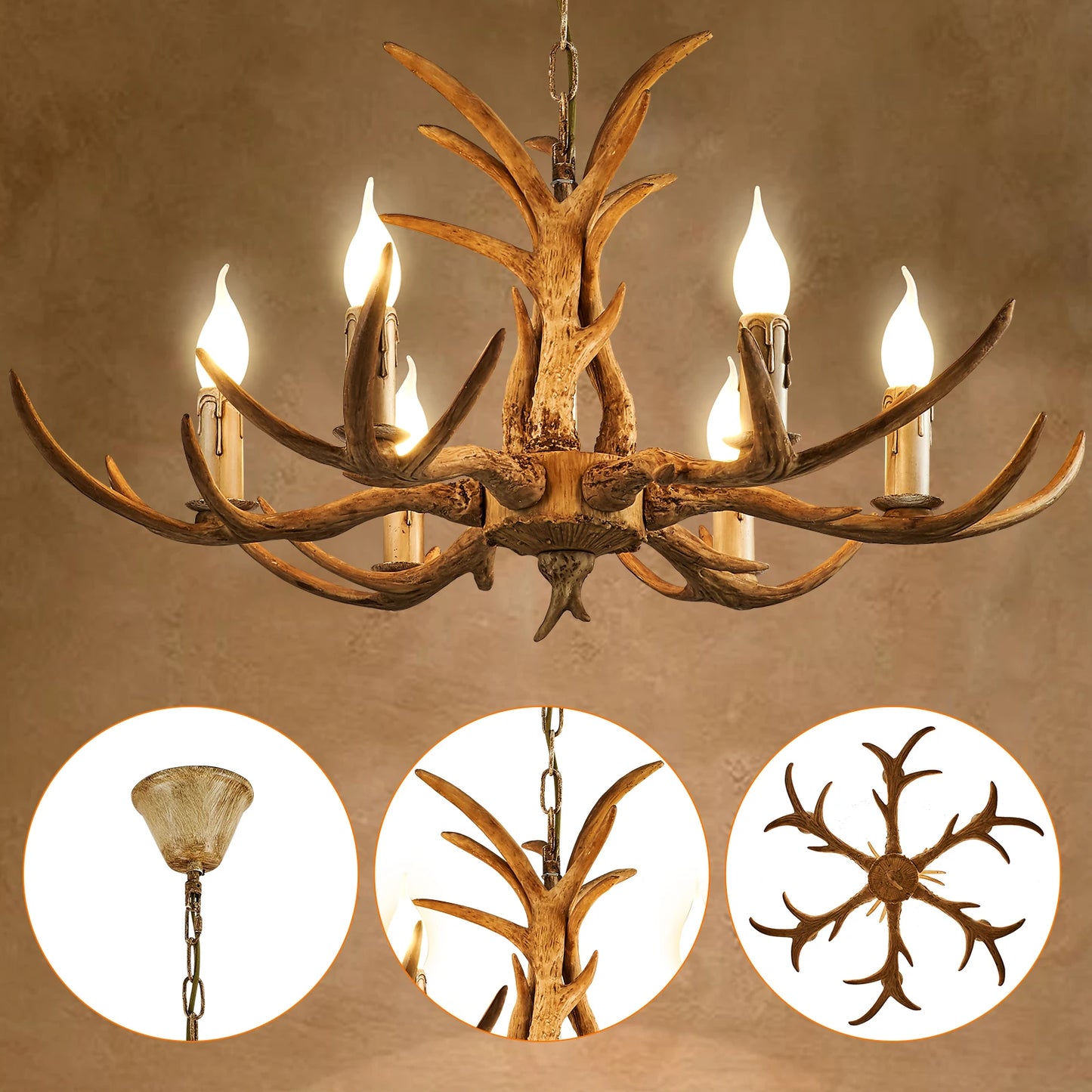 Antler Chandelier Hanging Light Resin 6-Light Candle Lamp Home Decor For Living Room Lobby Interior Lighting Fixture