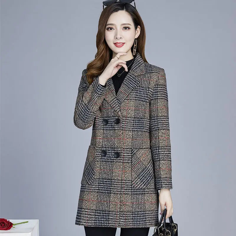 Mother's clothing Plaid Woolen Jacket 5xl Autumn Winter Female Thicken Slim Middle length Outwear Korea Women's Casual Wool Coat