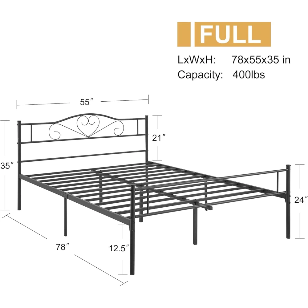 VECELO Metal Platform Bed Frame with Headboard & Footboard, Steel Slats Mattress Foundation, Full/Twin/Full/Queen optional