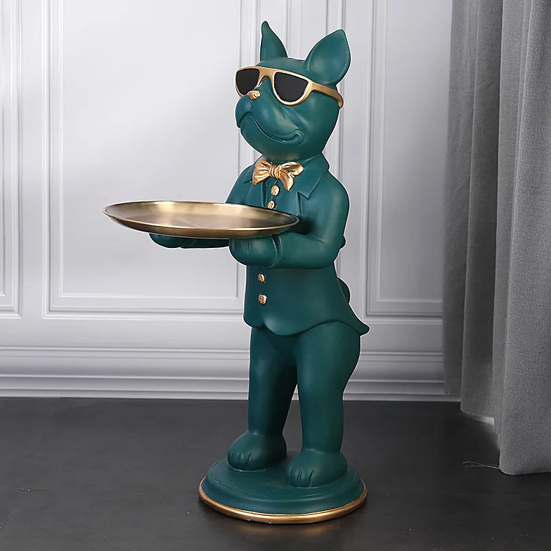 67cm Floor French Bulldog butler with Tray Sculpture Big Resin Dog Statue Animal Nordic Home Decoration Ornament Living room