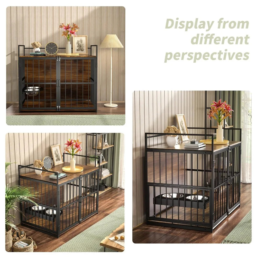 2024 New Dog Crate with Two 360° & Adjustable Stainless Steel Bowls, End Table Dog House, Dog Kennels Indoor Use