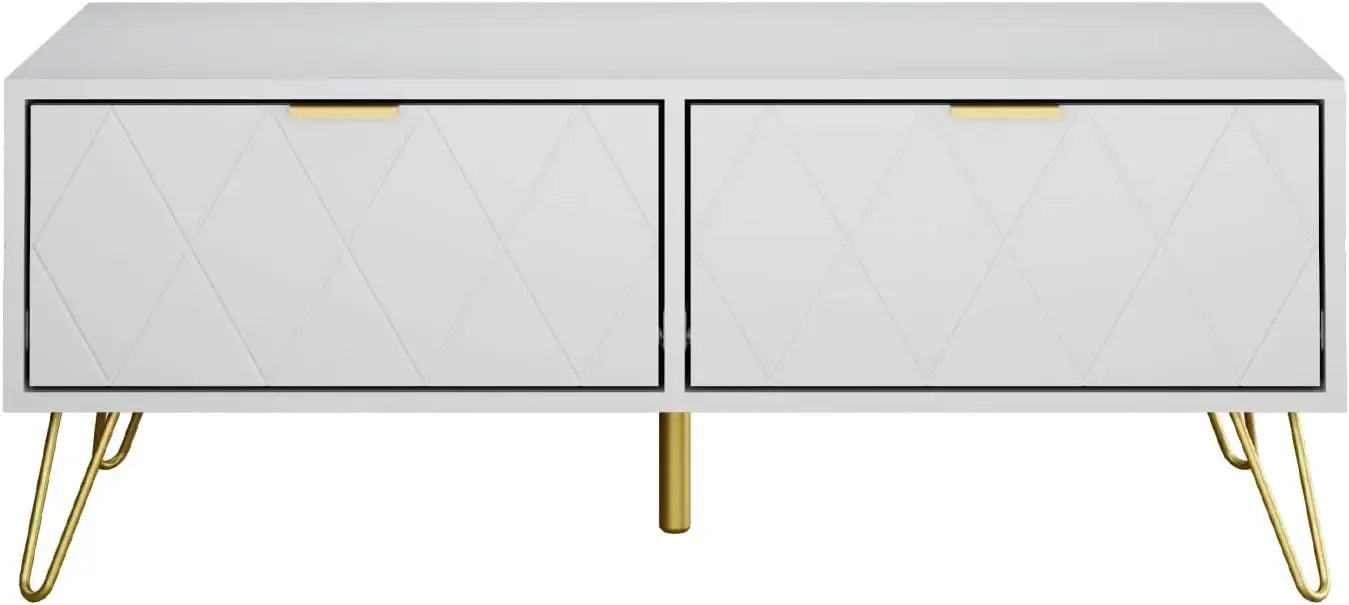 39.4''  White Coffee Table with Drawers，2 Storage Shelves,   with Gold Metal Handles for Living Room, Bedroom and Study