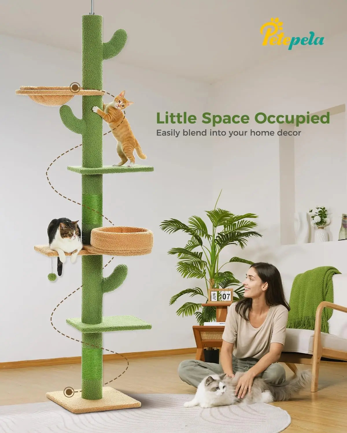 Floor to Ceiling Cat Tree [87"-100"] Height Adjustable, 5 Levels Cactus Cat Tower with Cat Perch&Replaceable Hammock