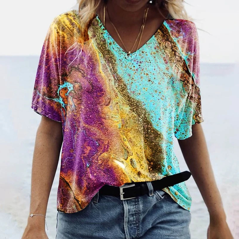 Retro Print T-Shirt New Personality Short-Sleeved Street Trend Fashion Women'S Tops Summer Beach Vacation Clothing