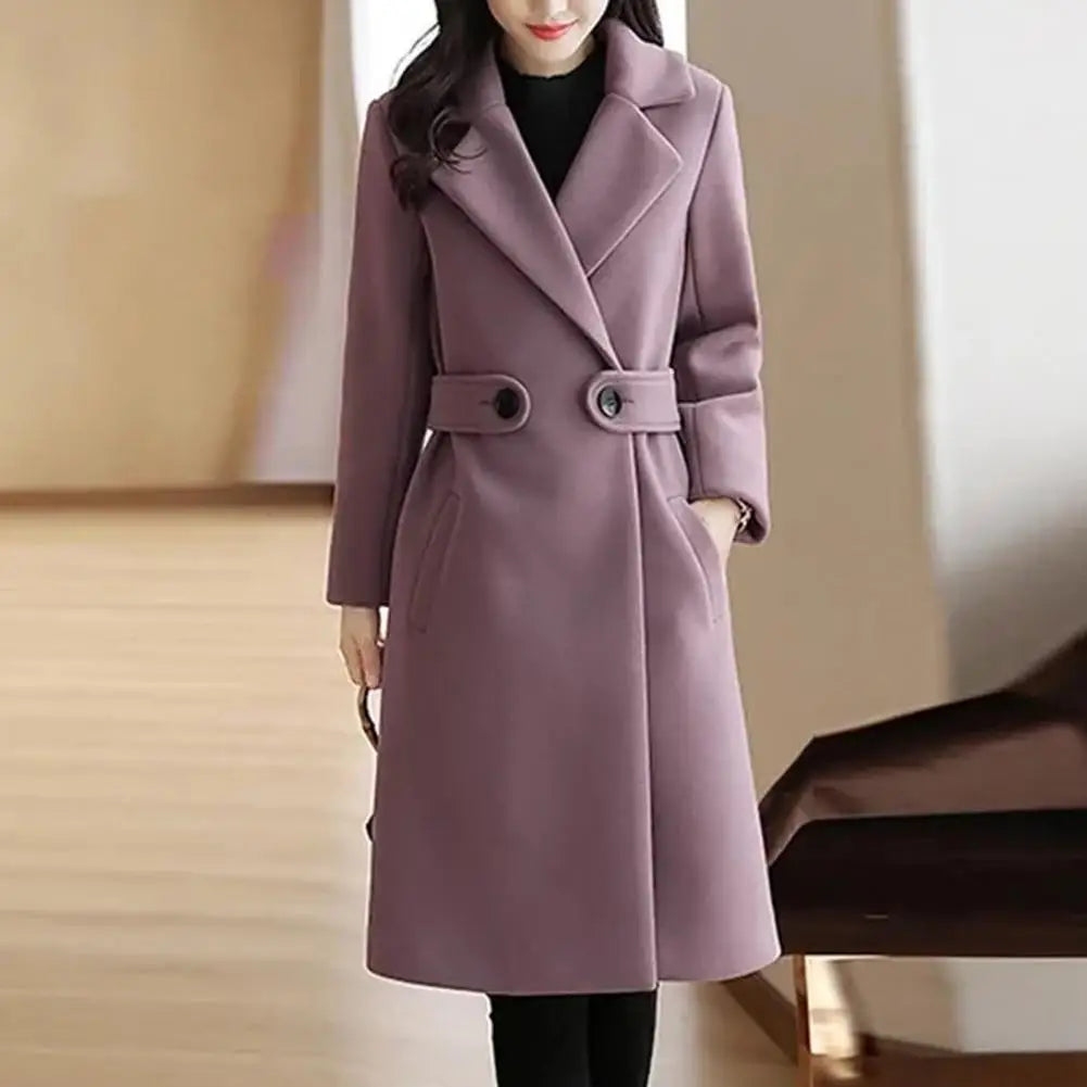 Women Overcoat Stylish Mid-length Women's Overcoat with Turn-down Collar Belted Button Closure Loose Fit for Fall Winter Winter