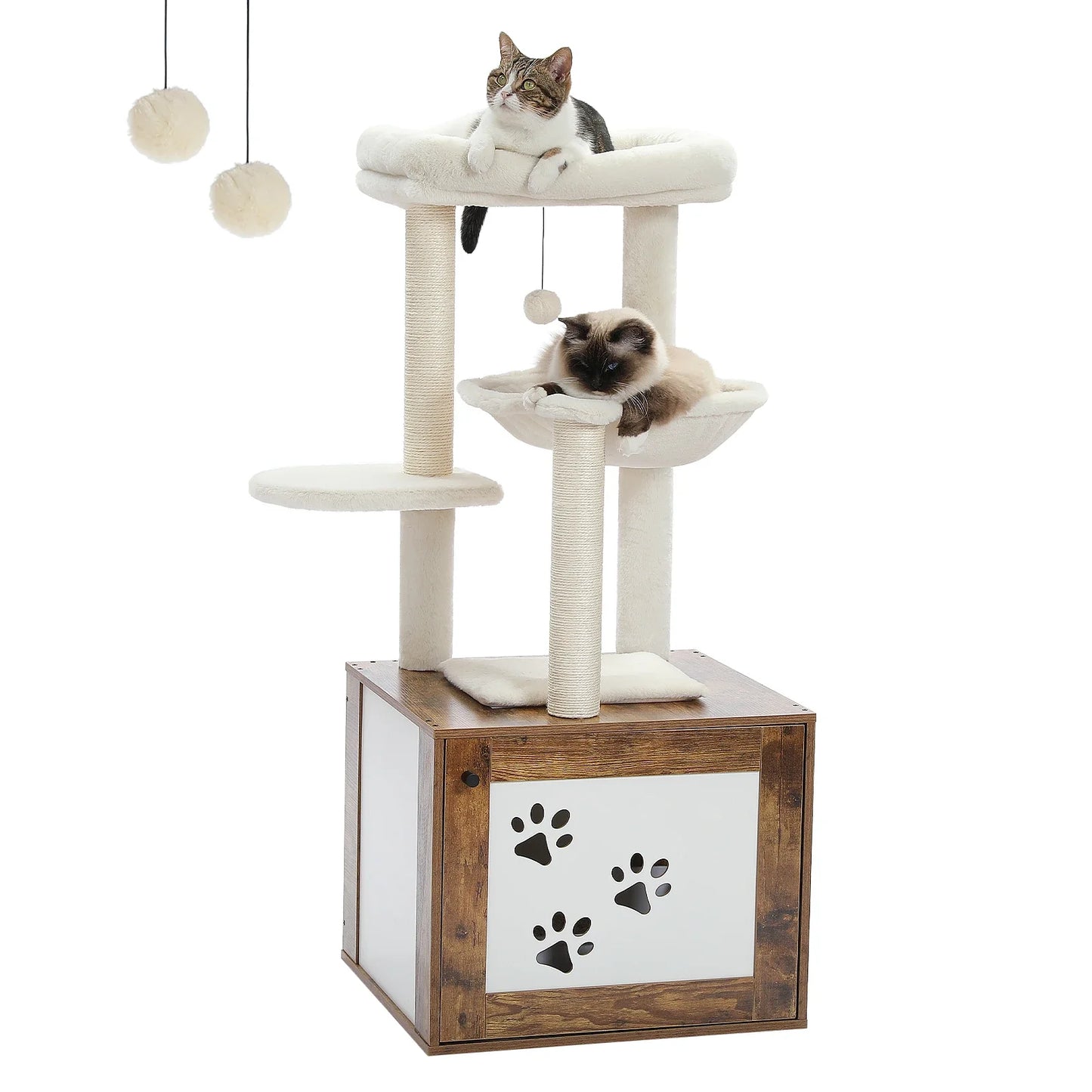 Large Cat Tree with Litter Box Enclosure, 117cm Rustic Brown, Spacious Perches & Hammock, Sturdy Structure, Multifunctional