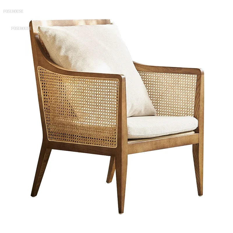 Nordic Solid Wood Rattan Living Room Chairs Modern Minimalist Outdoor Courtyard Sofa Chairs Light Luxury Designer Back Armchair