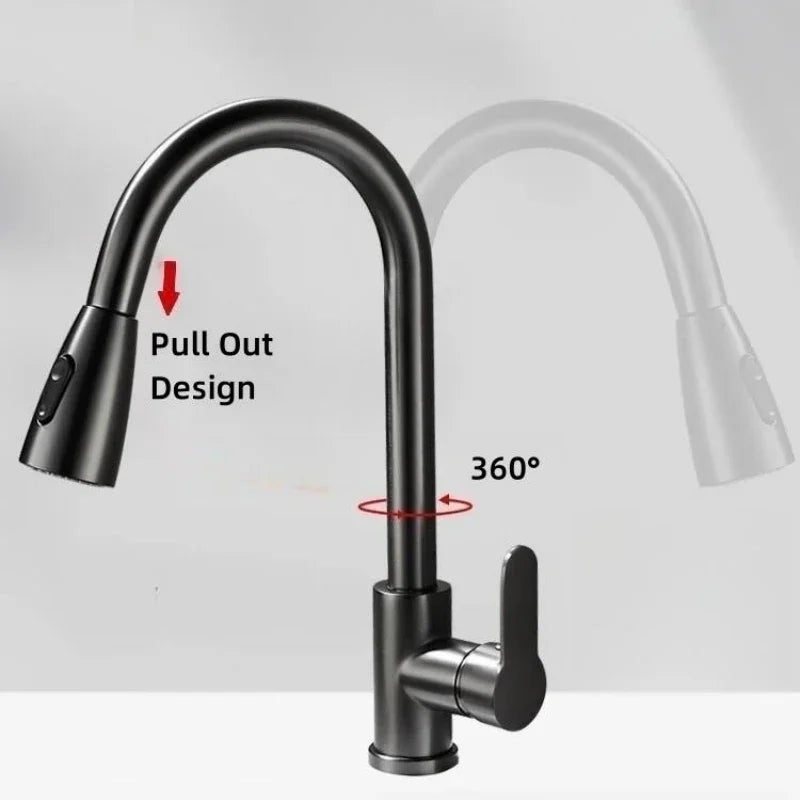 Kitchen Pull Out Faucet Stainless Steel Double Outlet Cold and Hot Water Mixer Dish Washing Basin Sink Retractable Water Tap