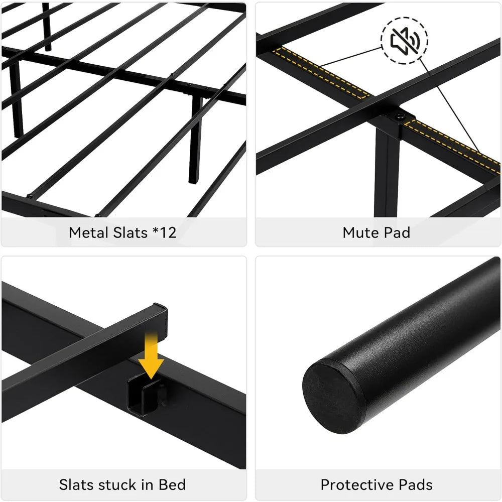 King Size Bed Frame with Headboard and Footboard, Metal Bed Mattress Foundation, King Bed Frame with Storage