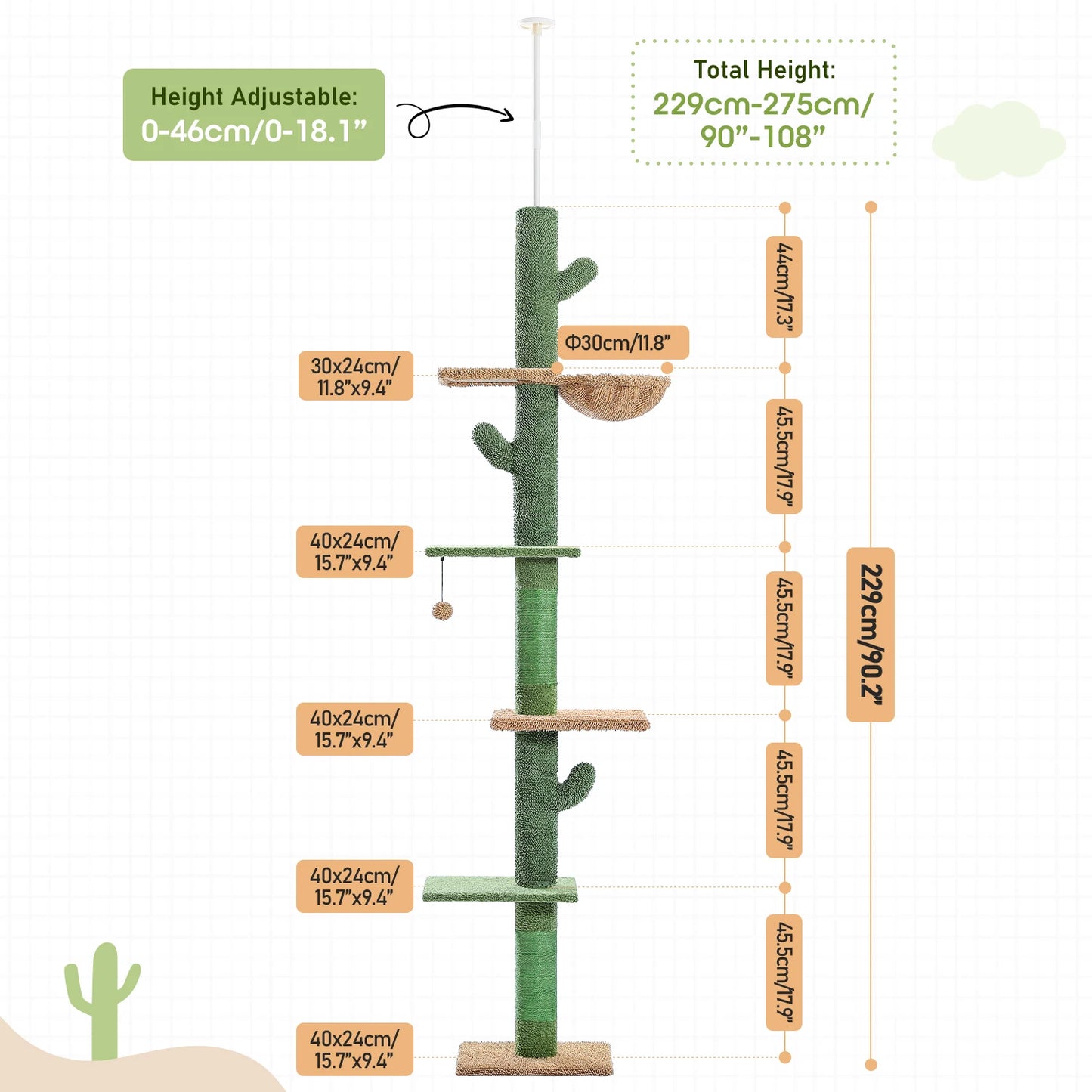 5-Tier Floor to Ceiling Cat Tree Tower Cactus Tall Climbing Tree with Scratching Post Hammock Dangling Ball for Indoor Cats