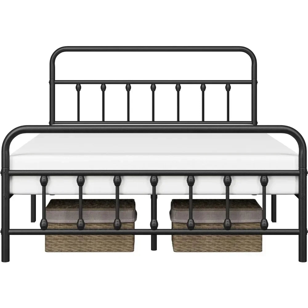 Bed Frame Metal Platform Mattress Foundation with Victorian Iron-Art Headboard/Footboard Bed Storage Queen Size Black BedFrame