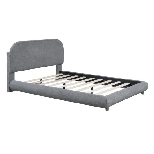 Teddy Fleece Full/Quee Size Upholstered Platform Bed with Thick Fabric, Solid Frame and Stylish Curve-shaped Design, Gray