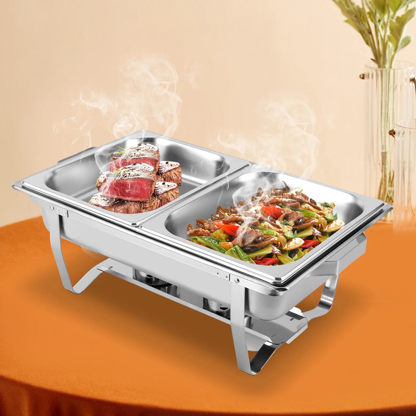 9.51 QT Chafing Dish Buffet Set stainless Steel Foldable Rectangular Chafer Full Size w/Water Pan, Food Pan, Fuel Holder and Lid