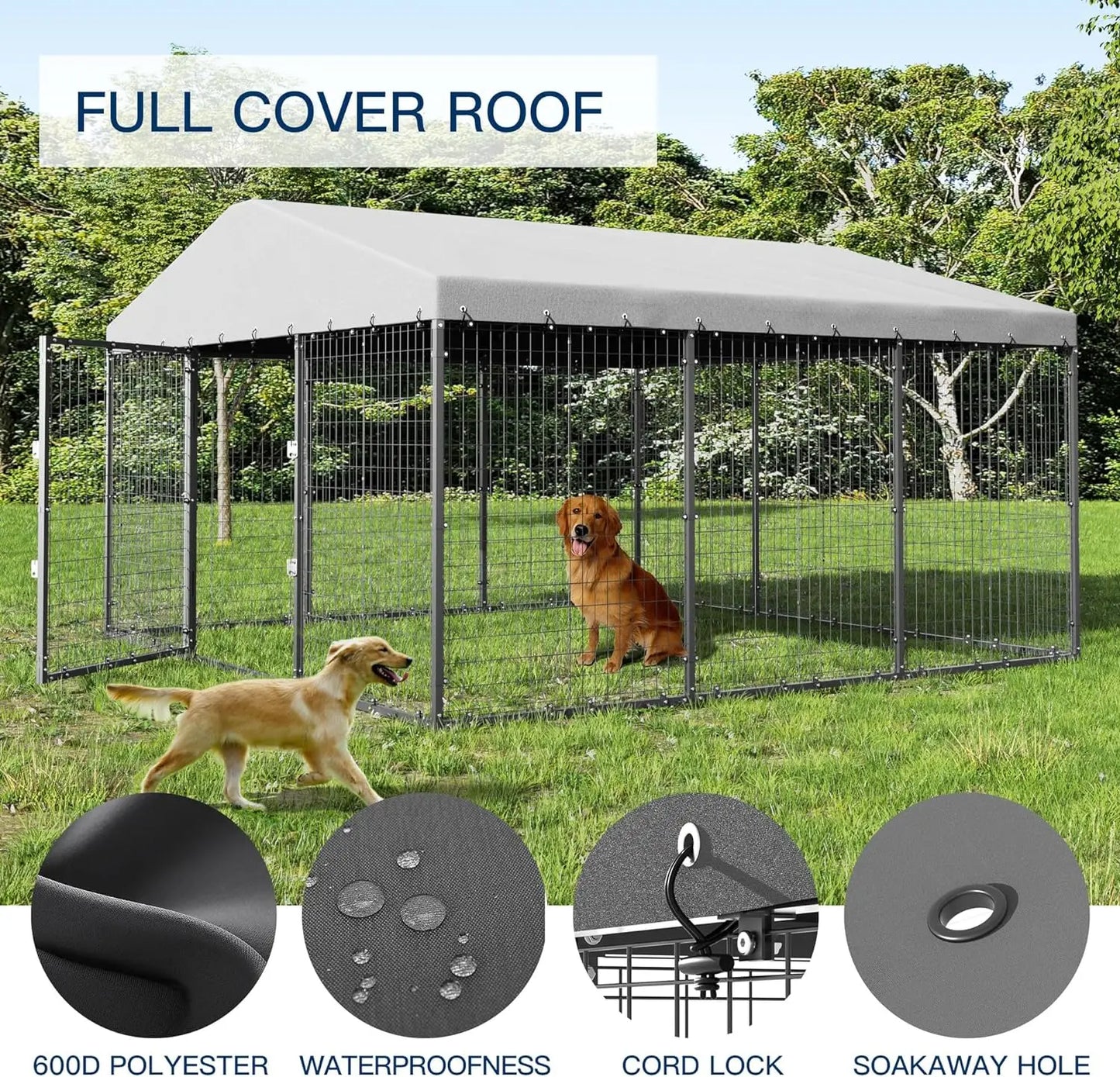 Large Outdoor Dog Kennel,Heavy Duty Dog Cage with Roof,Galvanized Steel Dog Kennel Fence with Double Safety Locks