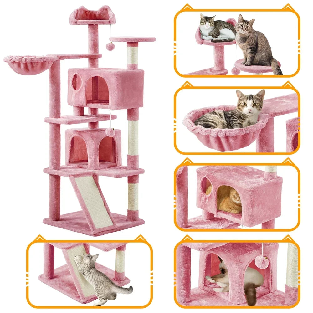 2023 SMILE MART 57''H Multilevel Cat Tree Condo Tower with 2 Condos & Fur Ball & Round Platform & Ladder, Pink