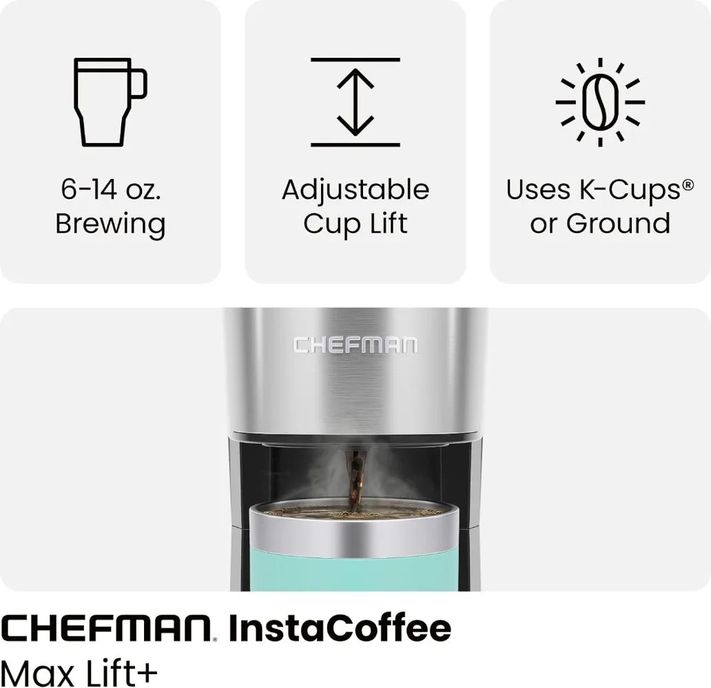 CHEFMAN Single Serve Coffee Maker, K Cup Coffee Machine: Compatible with K-Cup Pods and Ground Coffee, Brew 6 to 14oz Cup