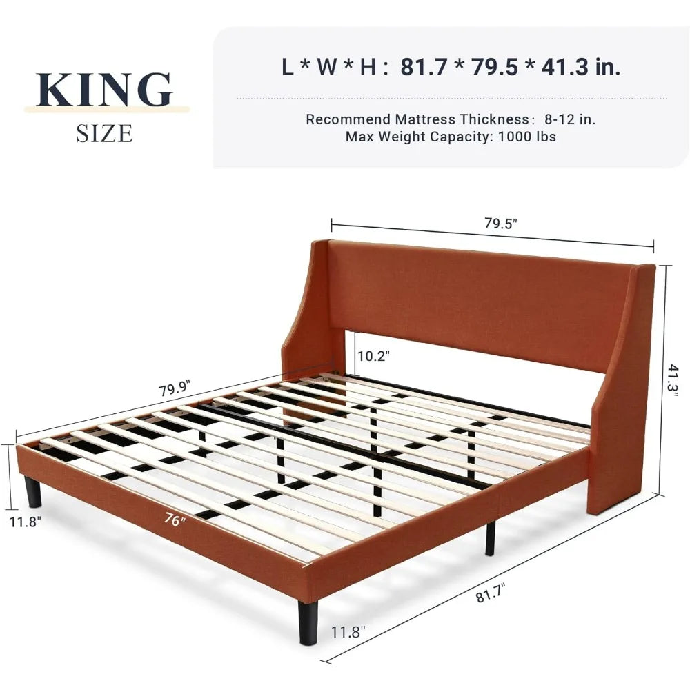 Allewie King Size Bed Frame, Platform Bed Frame with Upholstered Headboard, Modern Deluxe Wingback, Wood Slat Support