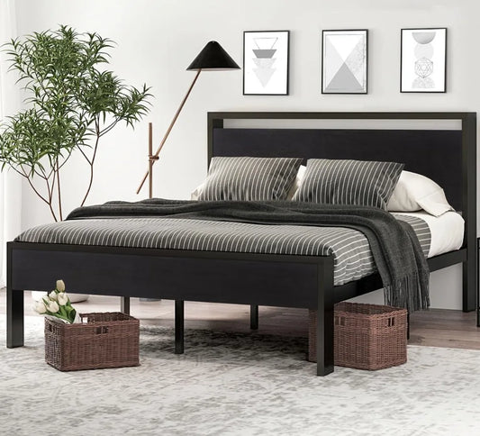 14 Inch Queen Size Metal Platform Bed Frame with Wooden Headboard and Footboard, Mattress Foundation, No Box Spring Needed