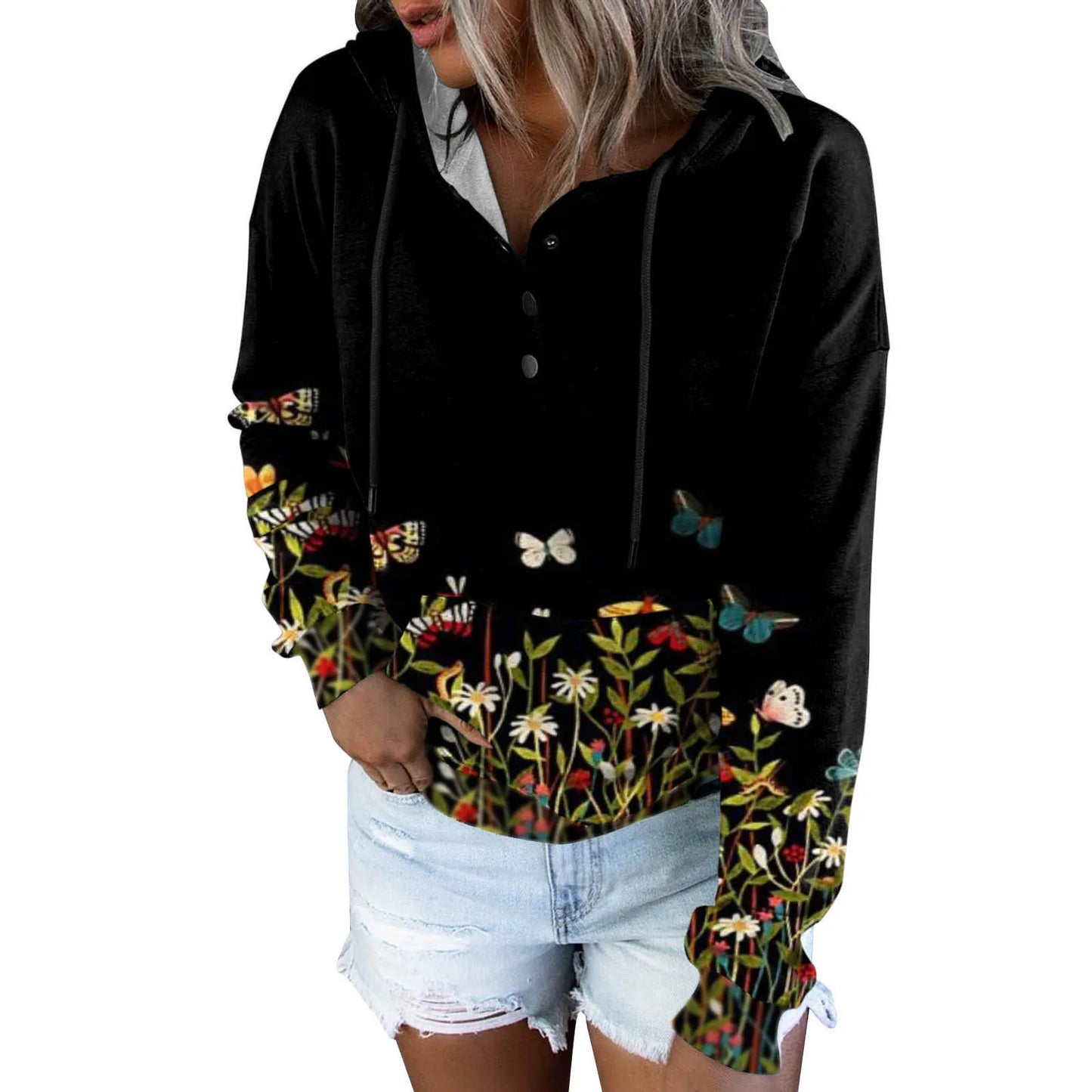 Women Zip up Hooded Sweatshirt Women Ladies Casual Fall Winter Pocket Floral Print Long Women Zip up Hooded Sweatshirt Women