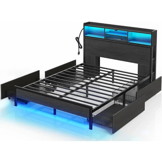 Bed Frame with Storage Headboard, Charging Station LED 4 Drawers, Bookcase Storage, Easy Assembly Bed Frame