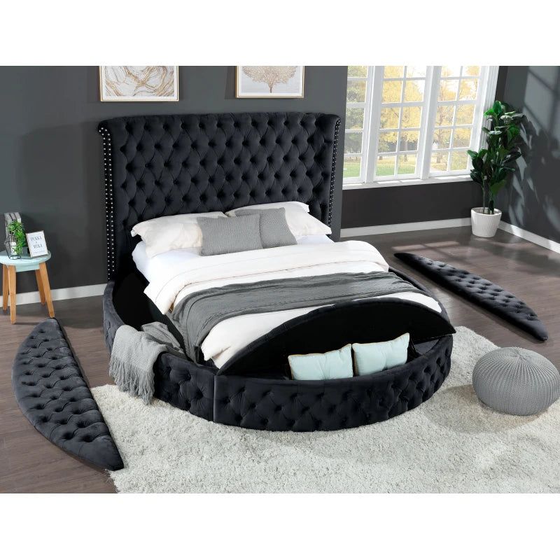 Tufted Upholstery Storage Round Bed with Storage Space on both Sides and Footboard, Velvet Fabric Headboard Solid Wood Frame