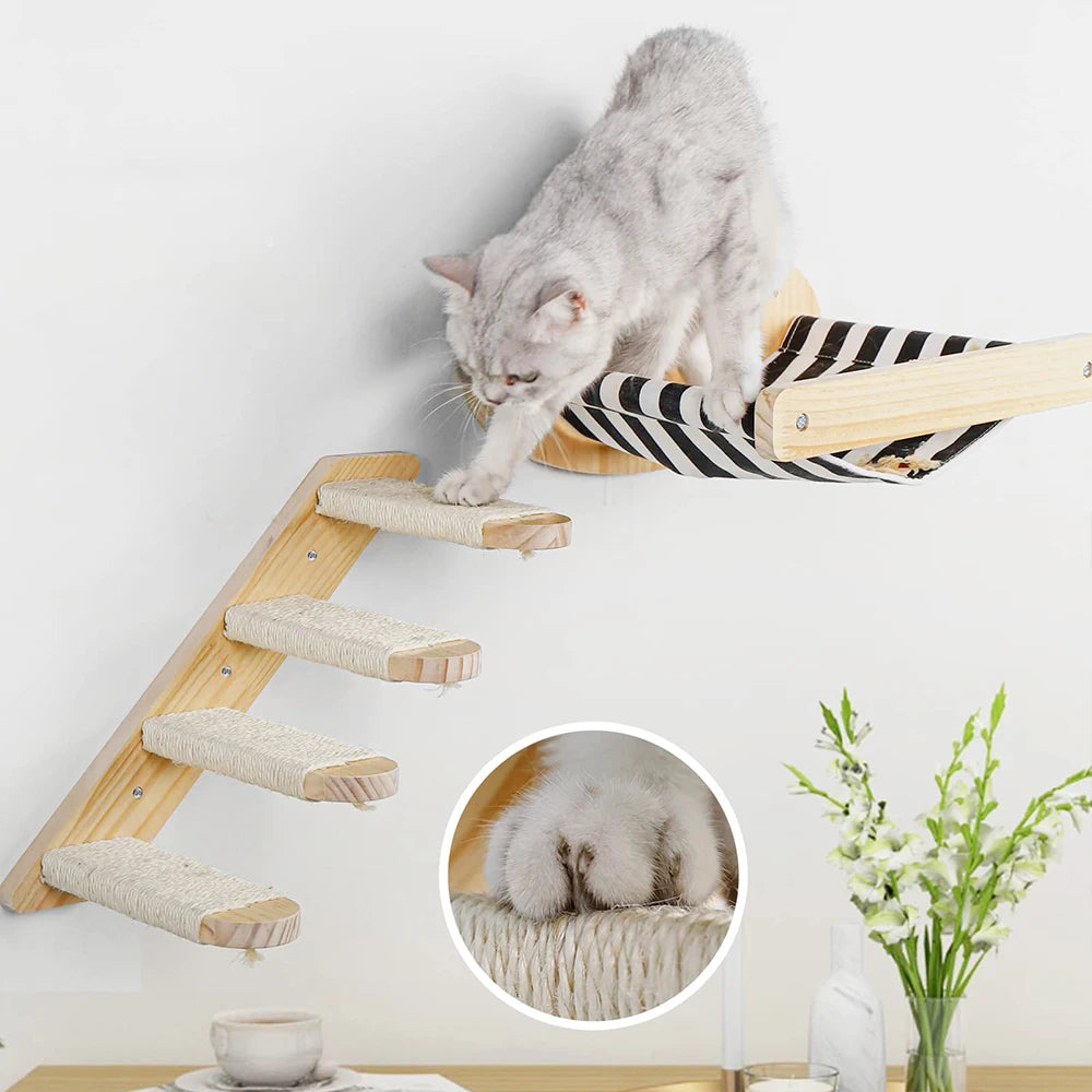 Cat Climbing Shelf Reversible Wall Mounted Kitten Stairs Ladder Sisal Rope For Cats Perch Platform Scratching Post Activity Tree