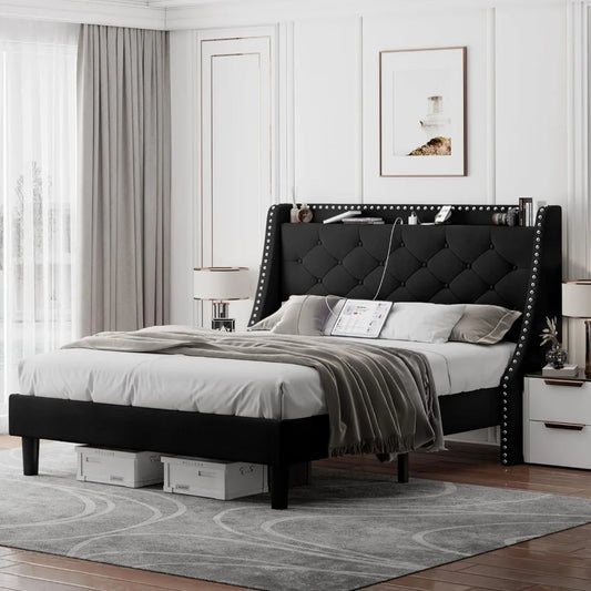 Queen Bed Frame With Luxury Wingback Upholstered Button Tufted Storage Headboard Sturdy Wooden Slats Support Noise-Free