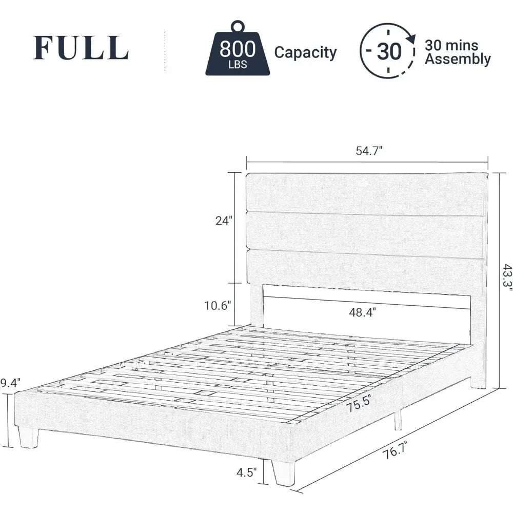 Queen Size Platform Bed Platform Bed Frame With Fabric Upholstered Headboard and Wooden Slats Support Bedroom Furniture King