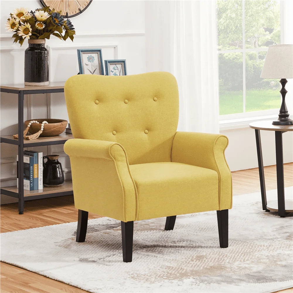 Mid-century Upholstered Fabric Accent Armchair for Living Room with Wooden Leg, Yellow