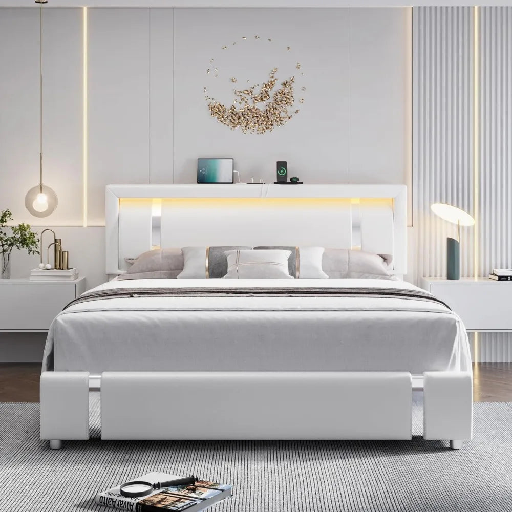 full size bed frame, Headboard with RGB LED lights and 2 storage drawers, Modern Upholstered Faux Leather Smart Platform Bed