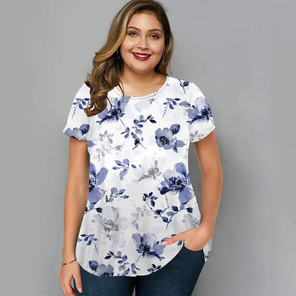 Plus Size Women'S T-Shirt Fashion Flower Short Sleeve Tee Loose Casual Female Clothing Street O Neck Summer T Shirt Ladies Tops