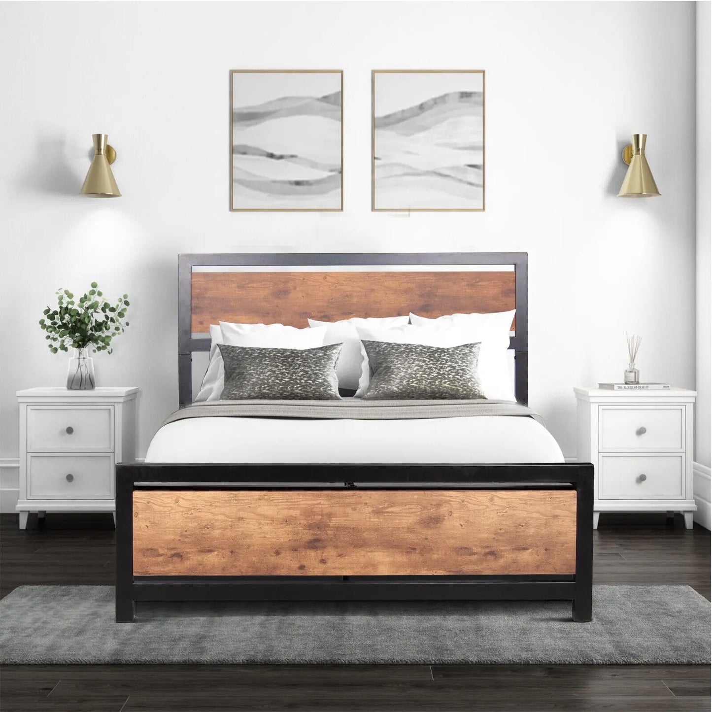 Bed Frame Industrial Wooden Headboard Footboard Strong Metal Support Frame Noise-Free Twin/Full/Queen,Black/White