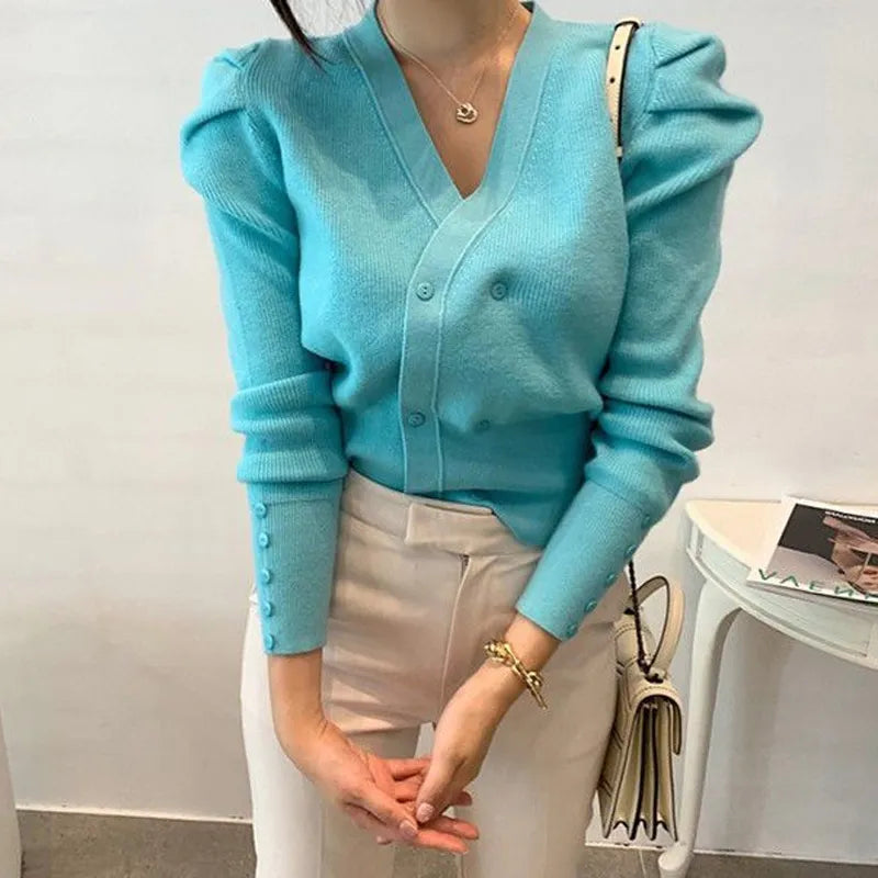 2023 New Women's Clothing Solid Color Fashion Loose Pleated Buttons Temperament Elegant Long Sleeve Autumn Thin V-neck Sweaters