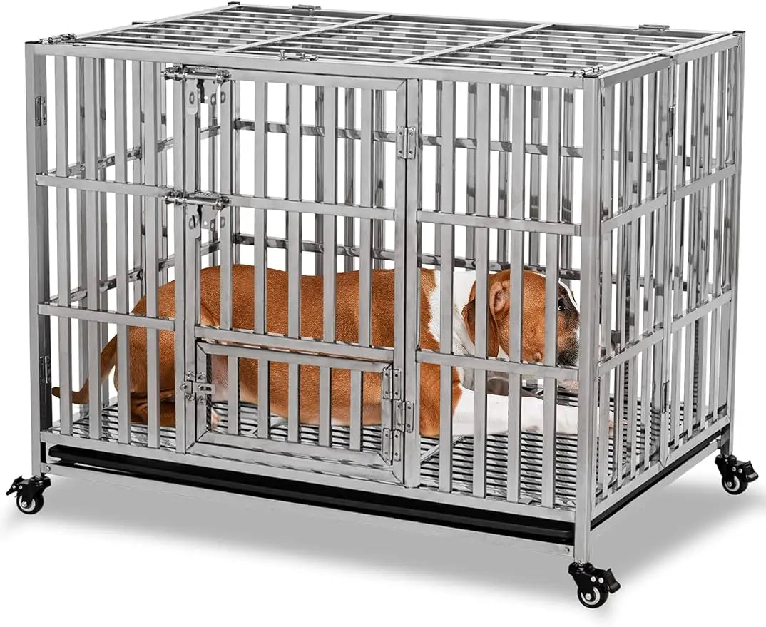 42" Stainless Steel Dog Cage & Playpen - Heavy Duty, Indoor/Outdoor Kennel Crate for Large Dogs w/Double Doors/Locks, Lo