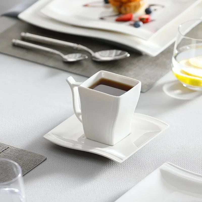 Porcelain Dinnerware Sets, Modern Square Dinner Set Plates and Bowls for Dessert, Salad and Pasta, Cup and Saucer Set