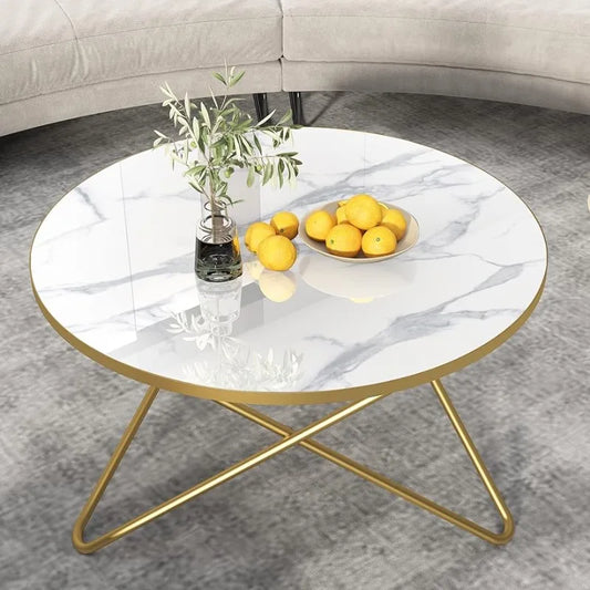 Round Coffee Table with White Faux Marble Top Coffee Table with Home Office,Circle Center Tables Living Room