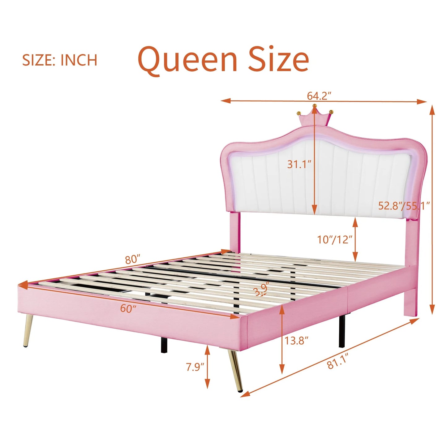 Queen/Full Size Upholstered Bed Frame with LED Lights Modern PU Princess Bed With Crown Headboard White/Pink[US-W]