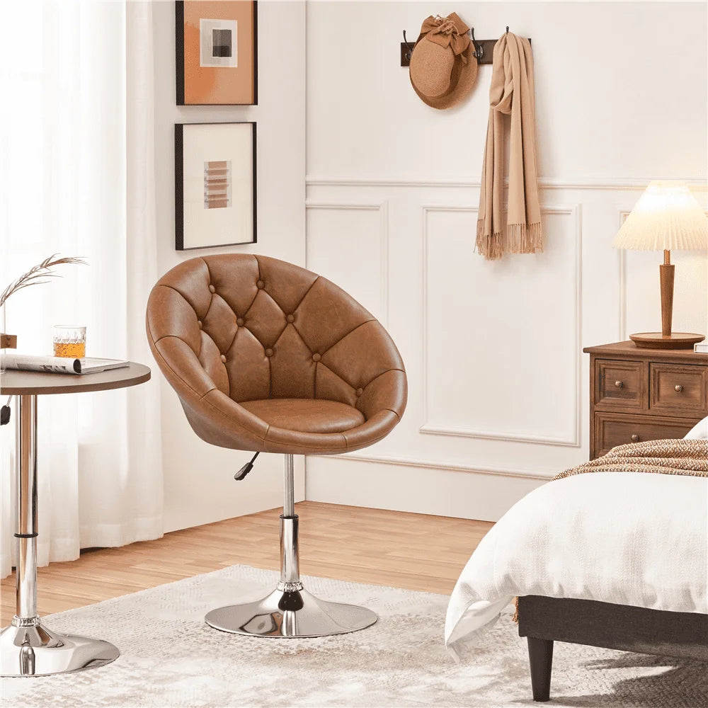 Modern Tufted Adjustable Barrel Swivel Accent Chair, Retro Brown Faux Leather