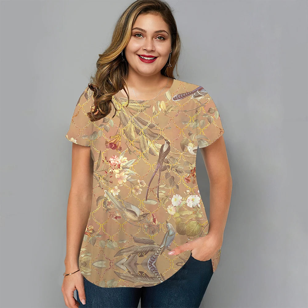 Plus Size Women'S T-Shirt Fashion Flower Short Sleeve Tee Loose Casual Female Clothing Street O Neck Summer T Shirt Ladies Tops